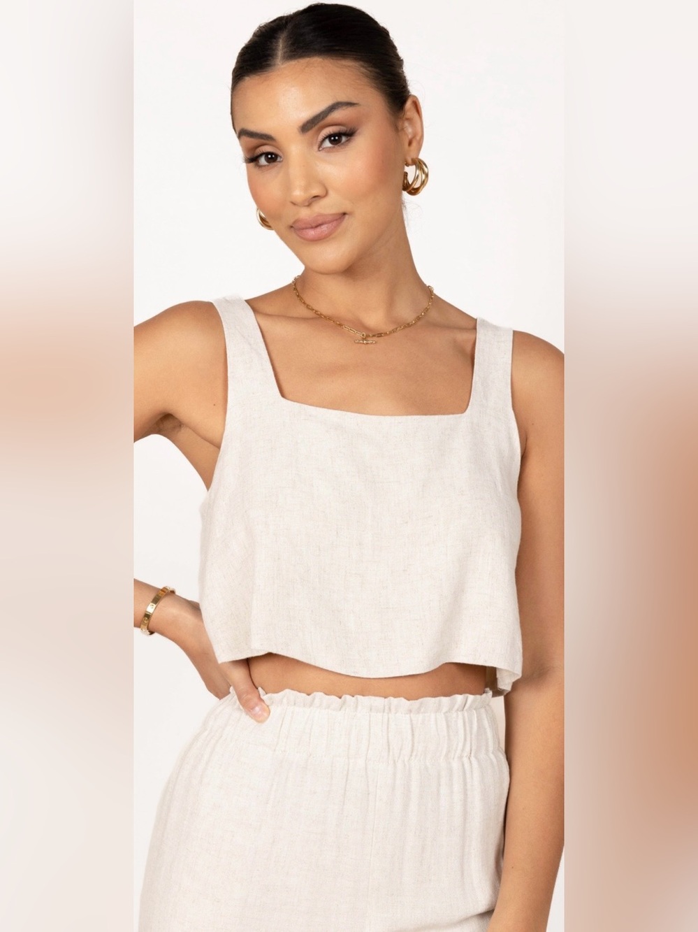 Petal & Pup Eleanor Beige Linen Square-Neck Crop Top